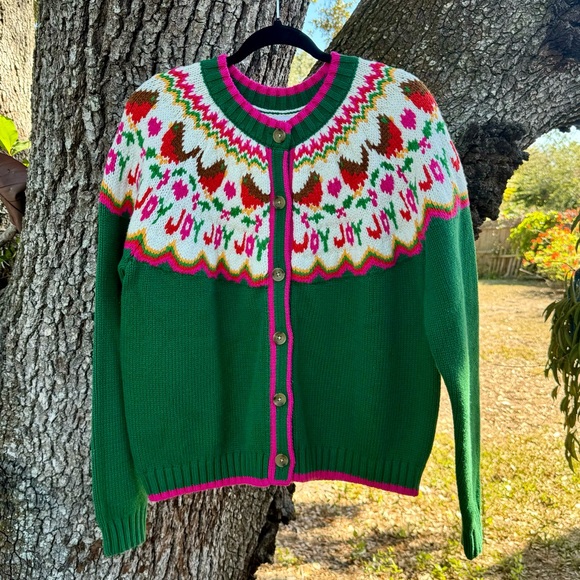 XL Lands End Lofty Birdseye Green and Pink Fair Isle chunky button up cardigan. - Picture 2 of 11